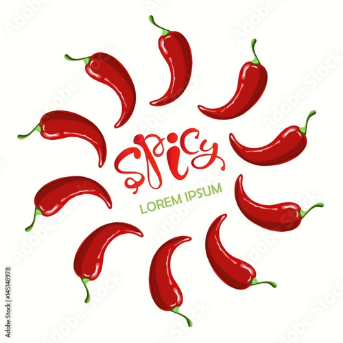 Round typography banner Spicy, Lorem ipsum, red hot chilly  papers hand drawn stock vector illustration