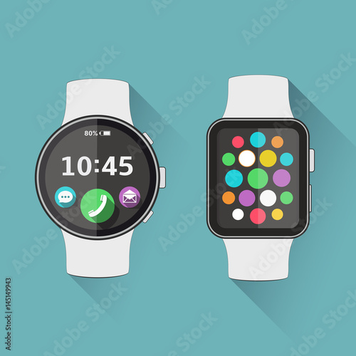 Flat modern smart watch with long shadow. Vector illustration.