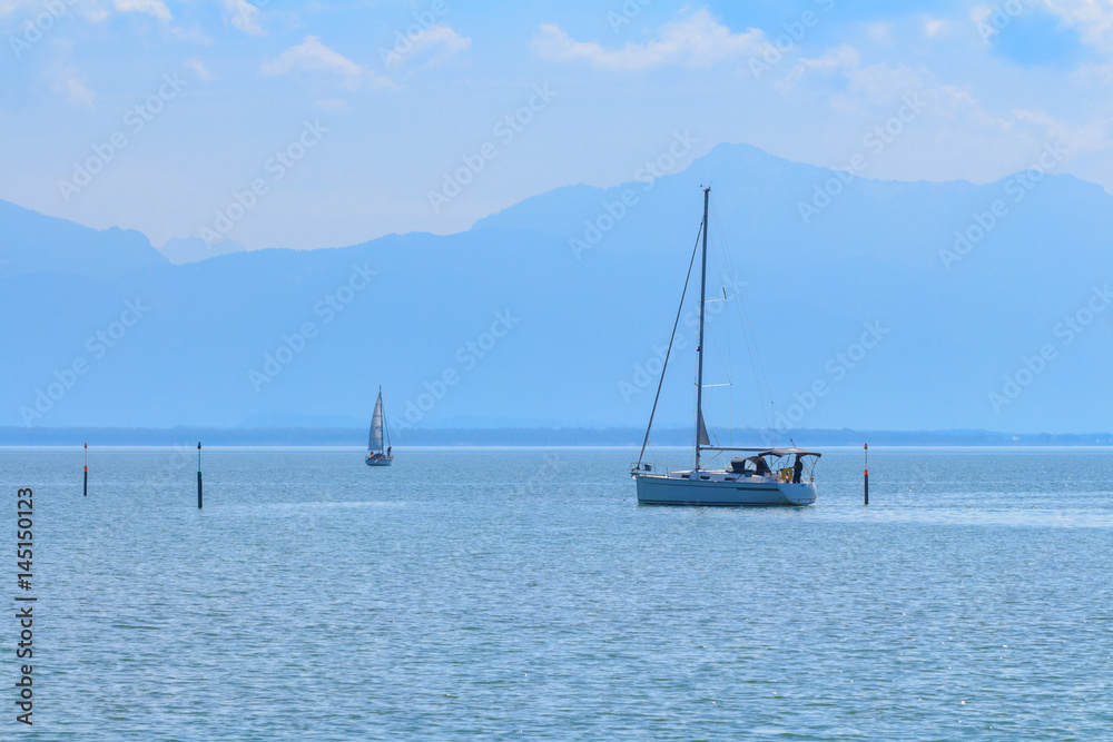 boats on lake chiemsee in early spring