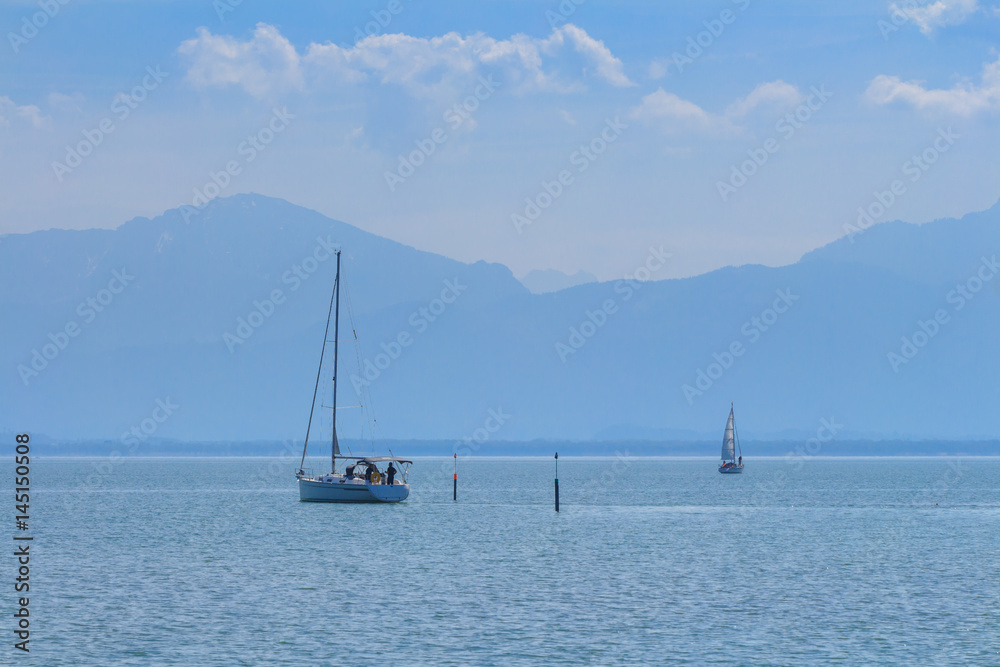 boats on lake chiemsee in early spring