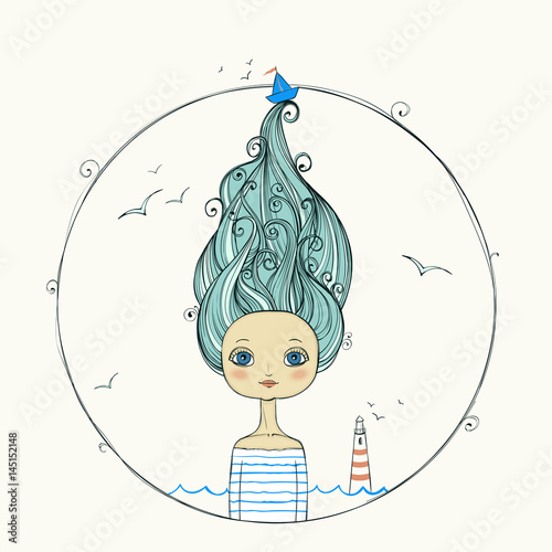 beautiful girl with flying hair on marine background.