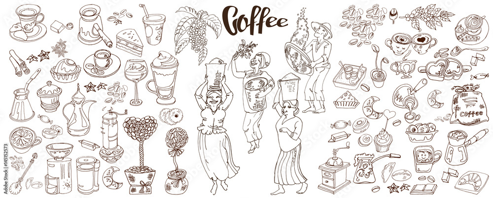 Sketch Monochrome Coffee Elements Collection Sketch Monochrome Coffee Elements Collection