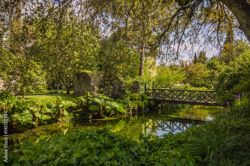 Giardino di Ninfa  piccolo ponte sopra al fiume immerso nella fitta e verde vegetazione