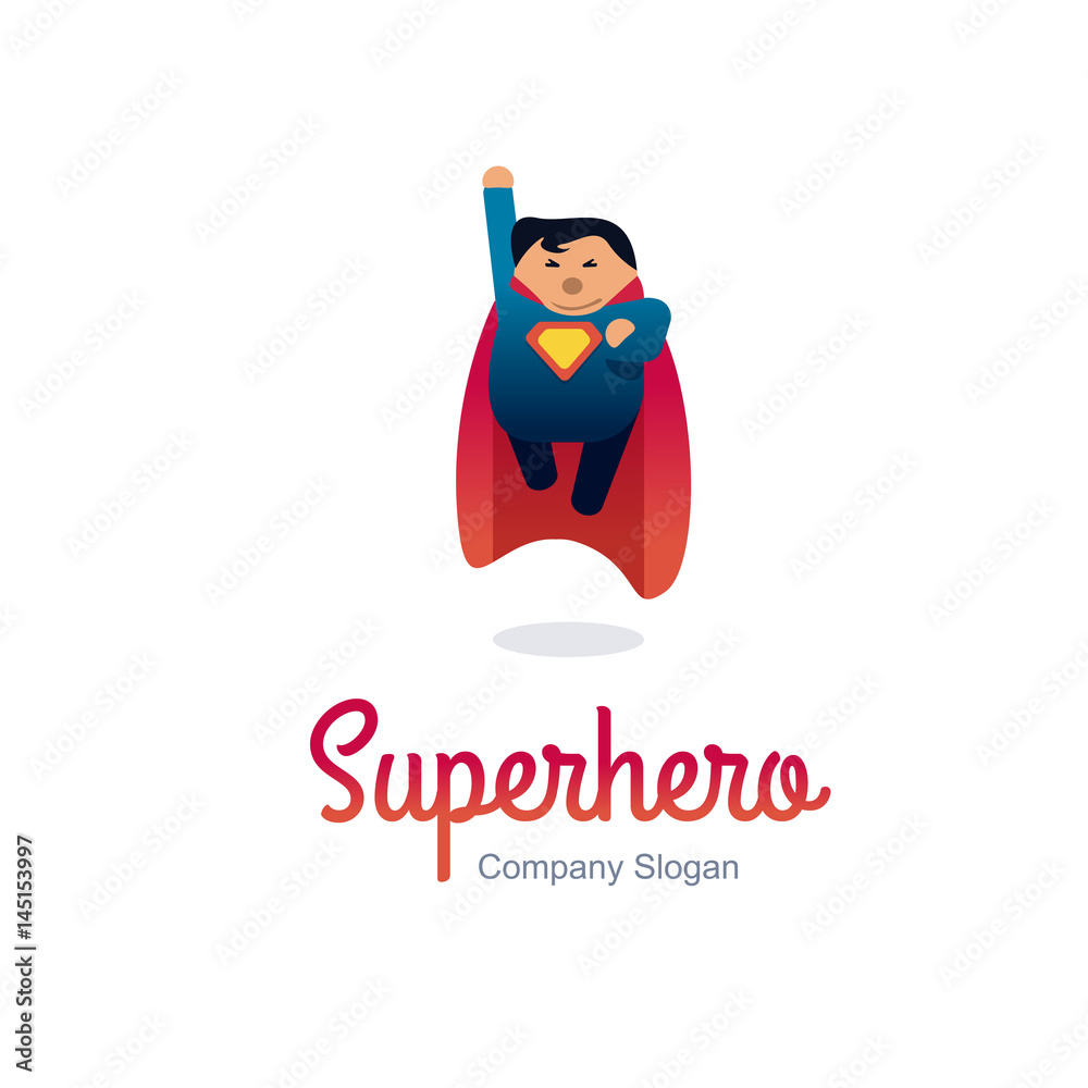 Fototapeta premium Superhero logo concept. Fat character flying. Flat style.