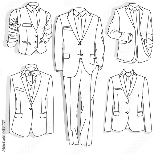 Men's jacket. Ceremonial men's suit, tuxedo. Accessories set. Vector.