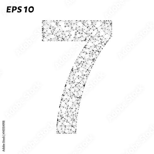 The letter 7 consists of points, lines and triangles. Vector illustration.