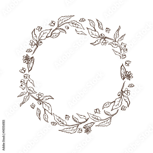 vector sketch vintage illustration. Hand drawn round frame of the tea leaves and flowers.