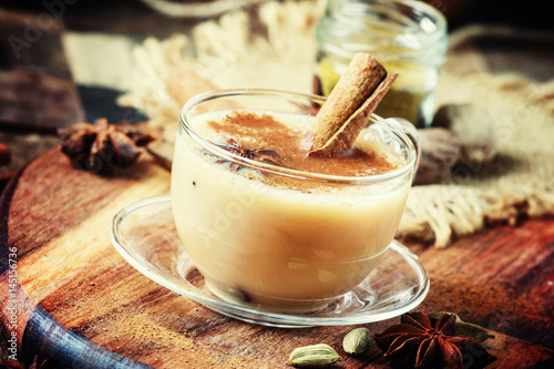 Indian masala tea, rustic style, selective focus photo