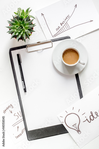 company strategy development in business on office desk background top view mockup