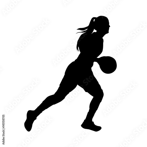 Basketball player, running woman with ball, vector silhouette