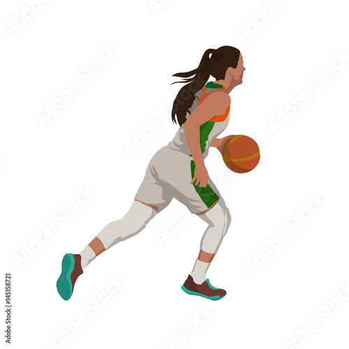 Running woman with ball, basketball player isolated vector illustration