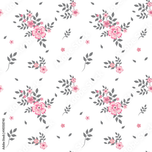 A drawing in a small pink flower with gray leaves on a white background. Colorful seamless background for textiles, fabric, cotton fabric, covers, wallpapers, print, gift wrapping and scrapbooking.