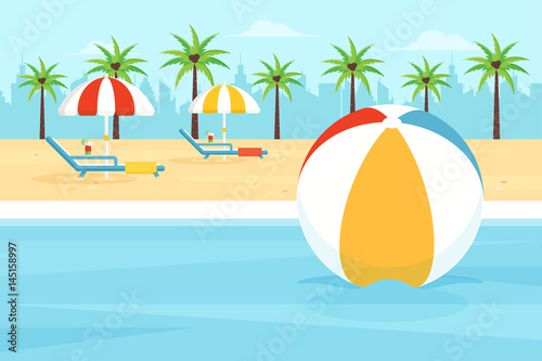 City Beach Vector Illustration with Palm Trees, Beach Balls and Parasols. Flat Design Style.