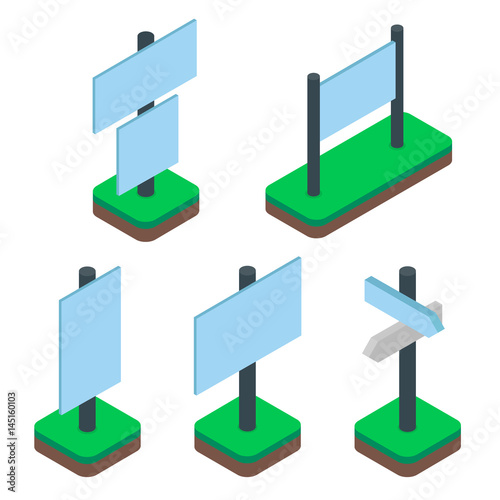 Set of isometric outdoor banner signs or billboards isolated