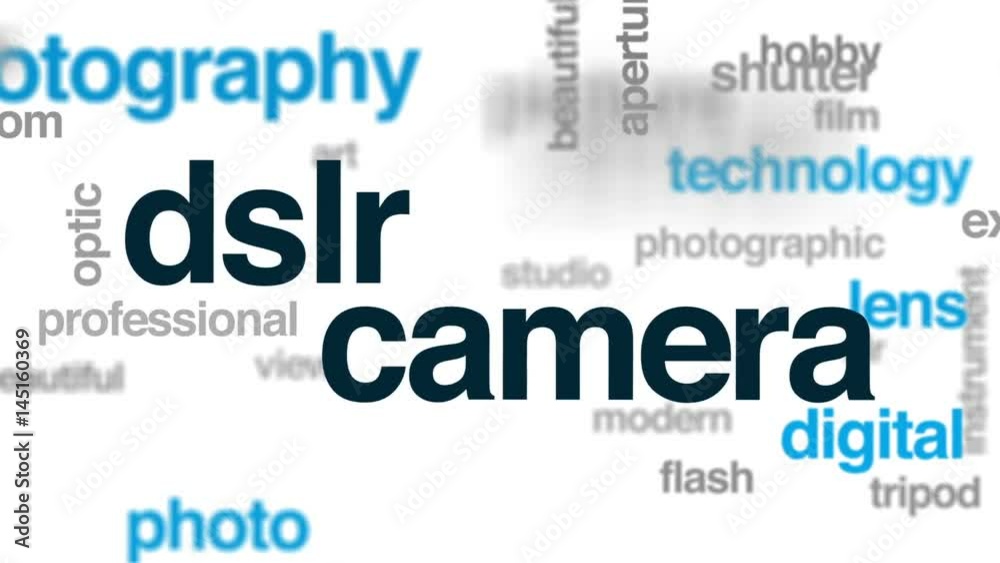 DSLR camera animated word cloud, text design animation. DSLR camera animated word cloud, text design animation.