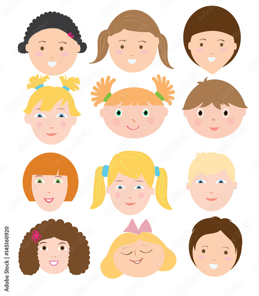Floral vector illustration set of children faces. Flat vector children faces set. Faces of girls and boys. Set for designer. Floral vector illustration set of children faces. Flat vector children faces set. Faces of girls and boys. Set for designer.