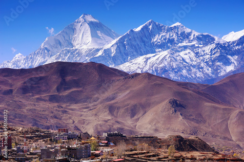 Muktinath valley and city, saint place for buddhists and hinduists in Himalayas, and Dhaulagiri mountain, Nepal, Annapurna Circuit; Himalaya area.