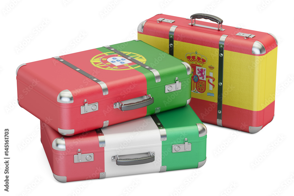 Travel around Europe concept, suitcases with flags of Spain, Portugal and Italy. 3D rendering Travel around Europe concept, suitcases with flags of Spain, Portugal and Italy. 3D rendering