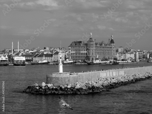 Möwe an der Hafenmole vor dem alten Bahnhof Haydarpaşa im Sommer bei Sonnenschein in Istanbul Kadiköy am Bosporus in der Türkei, fotografiert in traditionellem Schwarzweiß photo