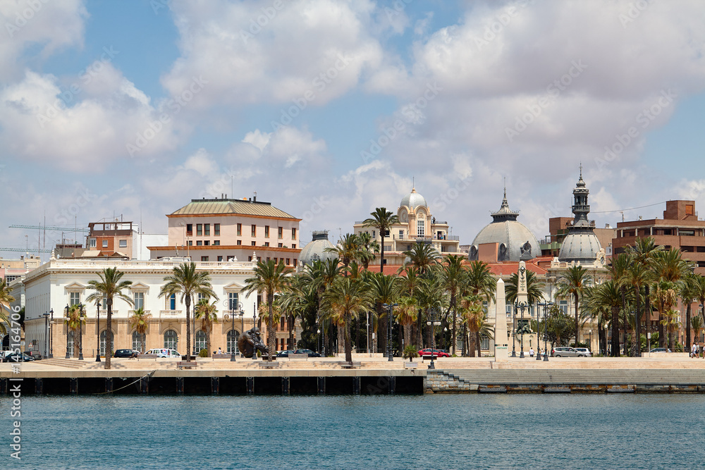 Naklejka premium View of the embankment and the historic center of Cartagena from the Mediterranean Sea. Murcia, Spain.