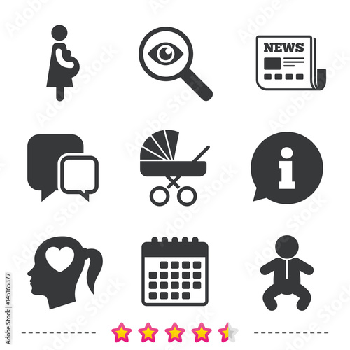 Maternity icons. Baby infant, pregnancy, buggy.