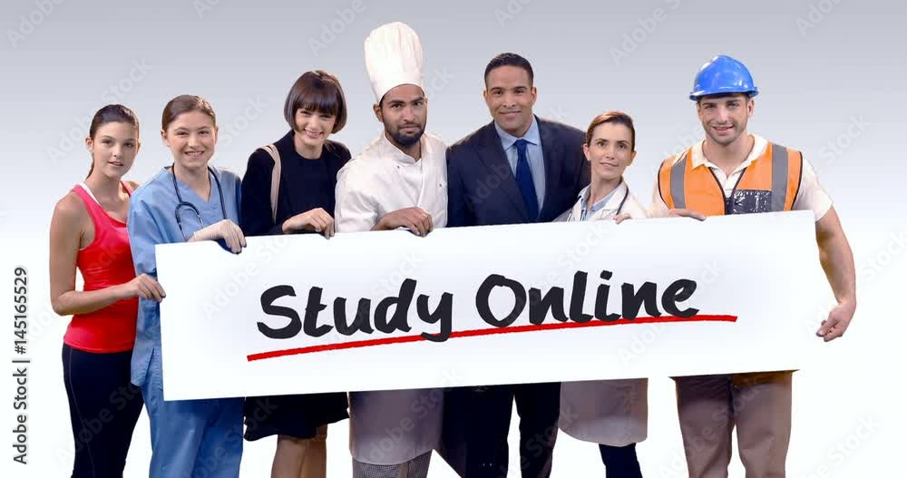 Various professional holding placard of study online text Various professional holding placard of study online text