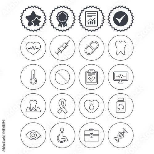 Medicine icons. Syringe, heartbeat and pills.