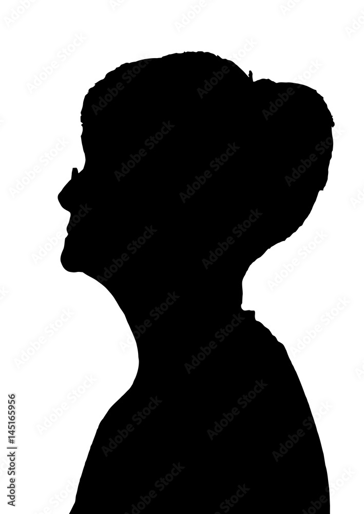 Front profile portrait silhouette of elderly lady finger on lips thinking