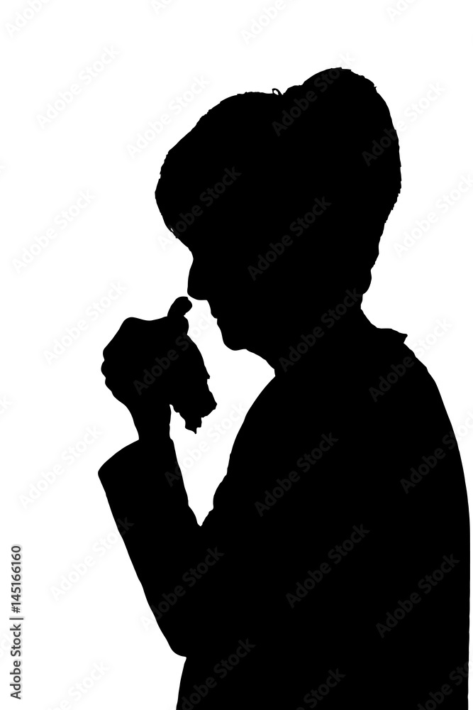 Front profile portrait silhouette of elderly lady finger on lips thinking