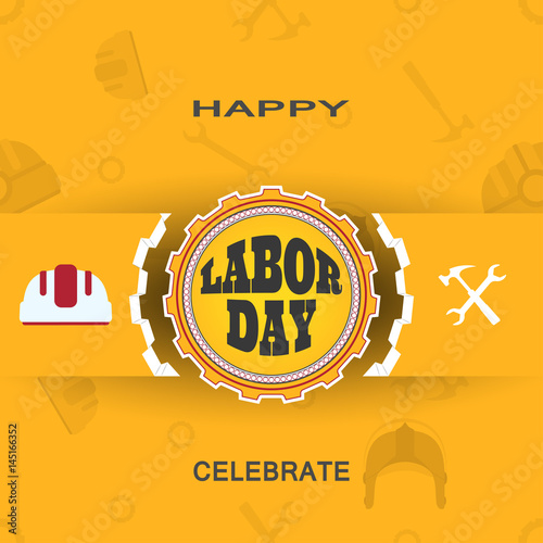 Happy Labor Day vector poster with label of gear cut from paper, ribbon, shadow on the yellow background with pattern.