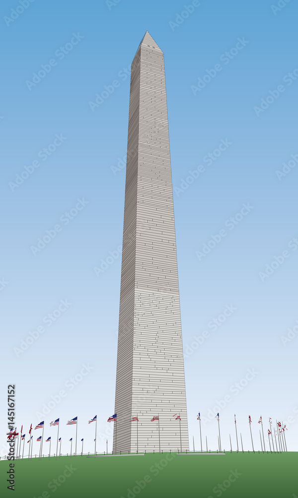 Illustration of the Washington Monument with tattered flags