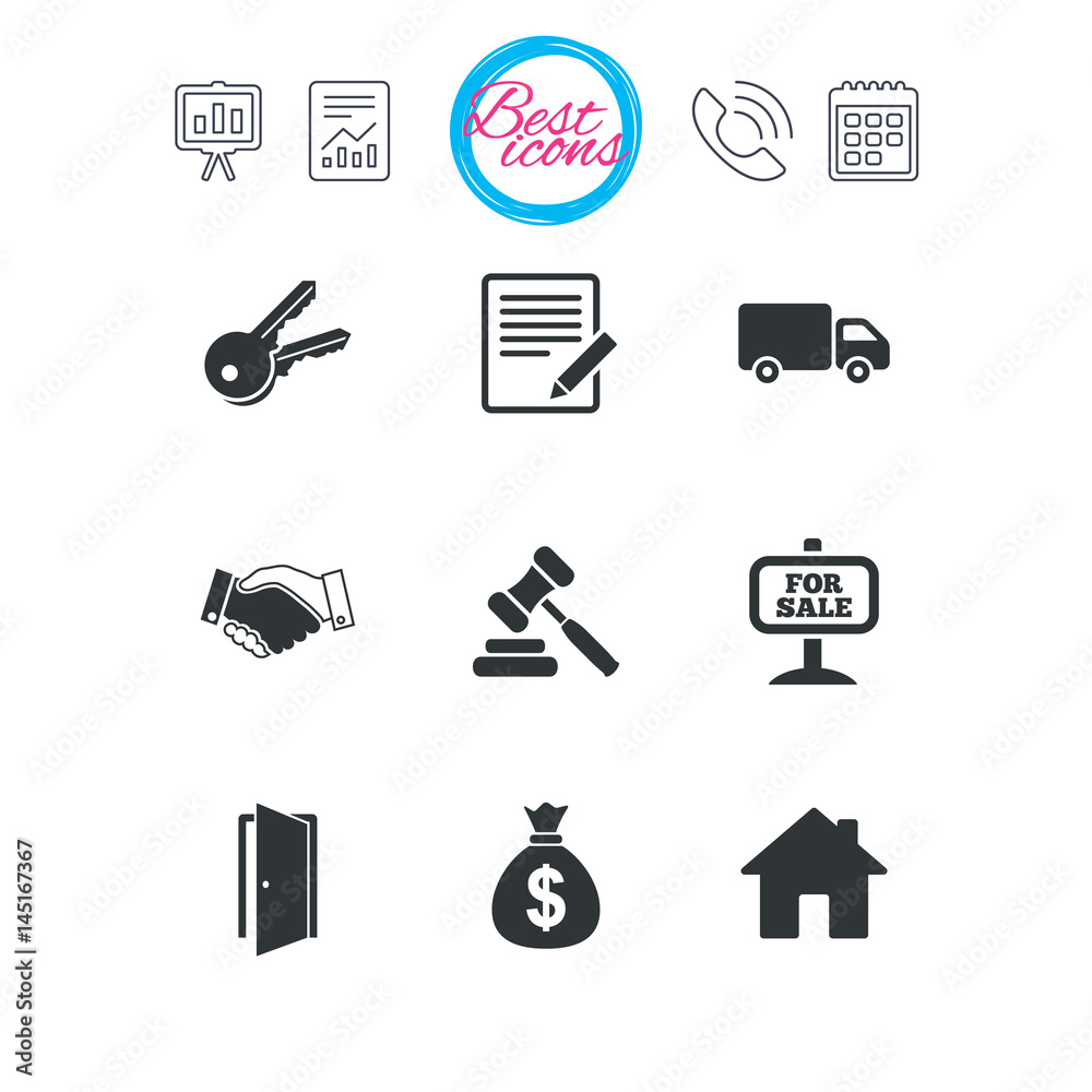 Real estate, auction icons. Handshake, for sale. Real estate, auction icons. Handshake, for sale.