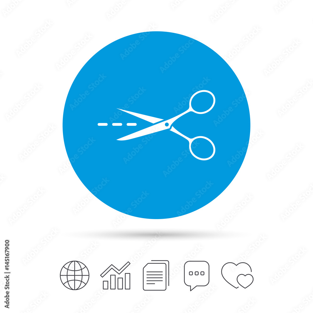 Scissors with cut line sign icon. Tailor symbol.