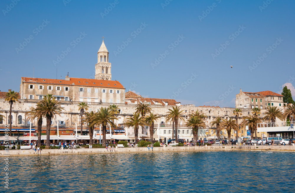 The Diocletian Palace and the promenade viewed from the sea in Split, Croatia