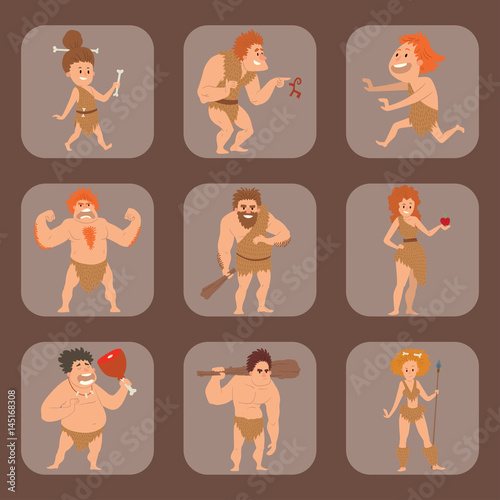 Caveman primitive stone age cartoon neanderthal people character evolution vector illustration.