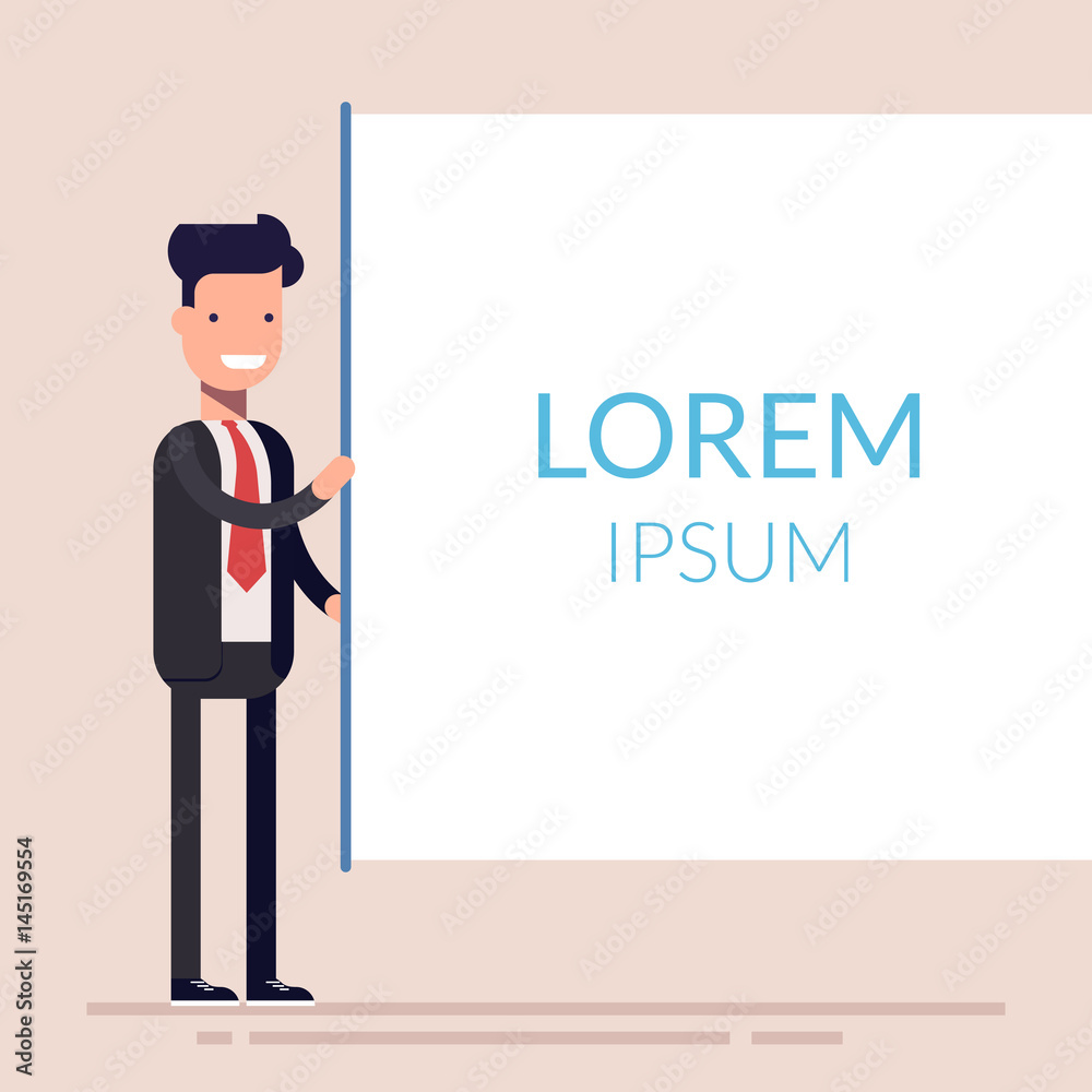 Businessmen or manager present with board. Cute woman character present about business lecture. Man in a business suit. Flat character. Lorem ipsum. Vector illustration.