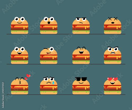 Flat Emoticon Cute Cheeseburger Set. 12 Different Looks