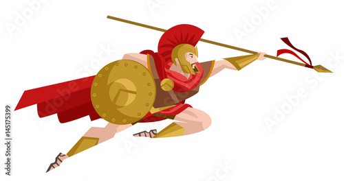 strong spartan attacking with spear and shield