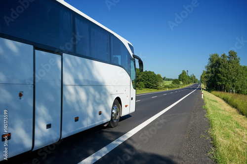 The white bus traveling on asphalt road lined avenue of trees in a rural landscape on a bright sunny day