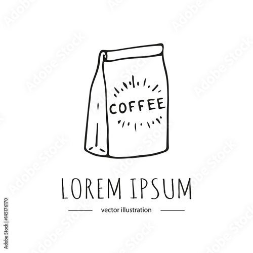 Hand drawn doodle Coffee package icon Cartoon style Colorful Beverage beans bag Vector illustration doodle isolated on white background for cafe, coffee restaurant, menu, house appliance shops