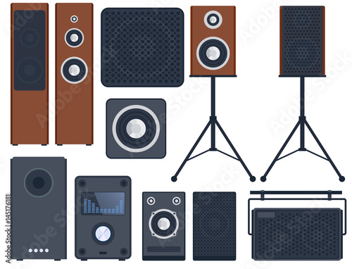 Home sound system stereo flat vector music loudspeakers player subwoofer equipment technology.