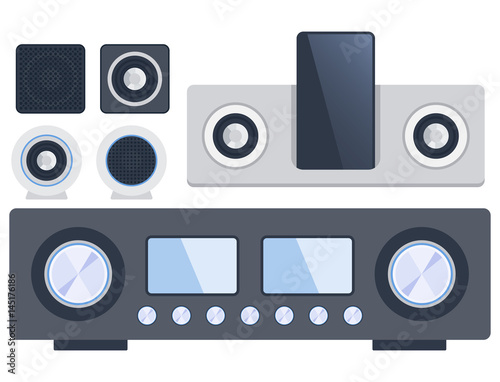Home sound system stereo flat vector music loudspeakers player subwoofer equipment technology.