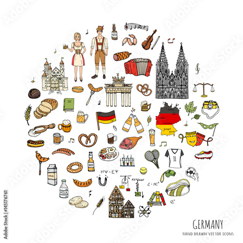 Hand drawn doodle set of Germany icons. Vector illustration set. Cartoon German landmark. Sketchy Europe travel elements collection: Sausage, Beer, Wheat bread, football, tennis, classic music, castle