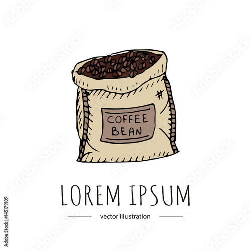 Hand drawn doodle Coffee beans bag icon Cartoon style Colorful Beverage making product Vector illustration doodle isolated on white background for cafe, coffee restaurant, menu, house appliance shops