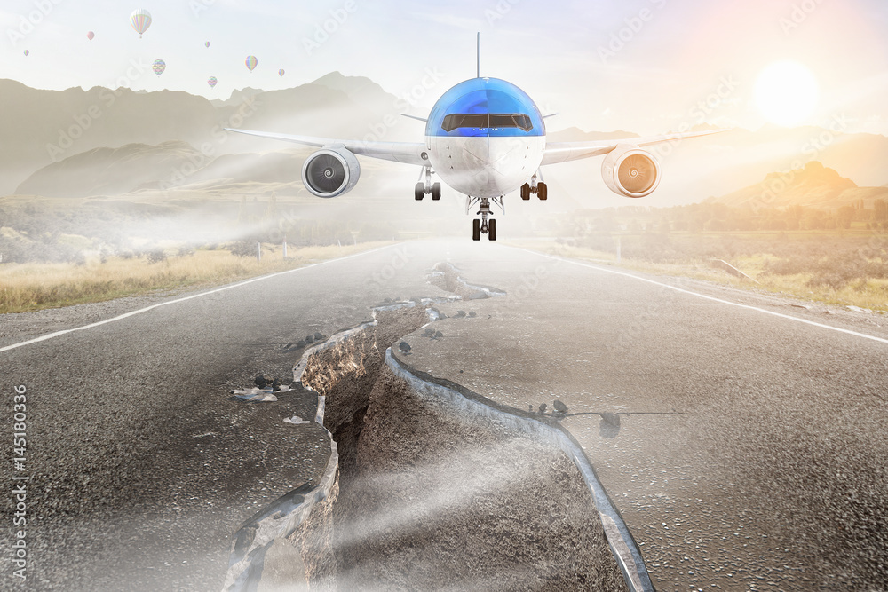 Obraz premium Airplane over runway. Mixed media . Mixed media