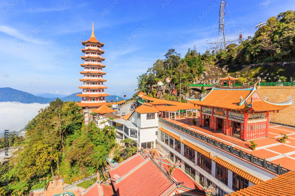 Fototapeta premium Pagoda at Chin Swee Temple, Genting Highland is a famous tourist attraction near Kuala Lumpur. During this photo shoot thick fog and the temperature is too cold