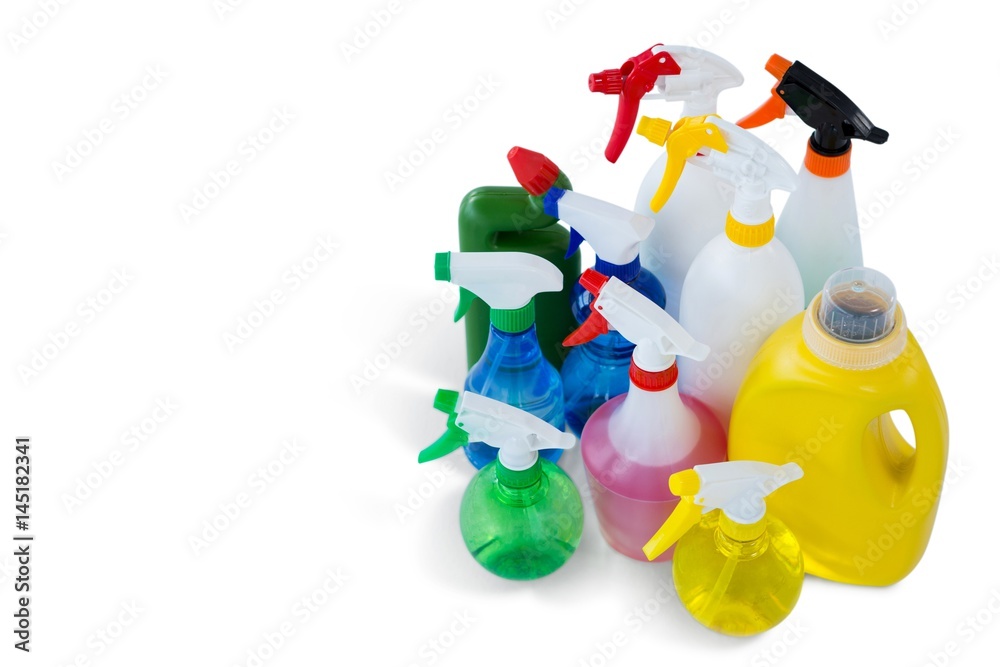 High angle view cleaning liquid in colorful spray bottles