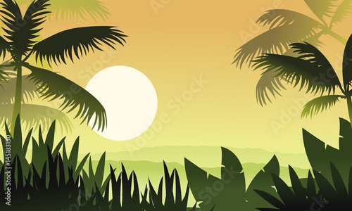 At sunset jungle scenery silhouettes
