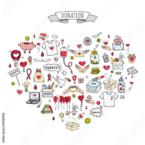 Hand drawn doodle Donation icons set. Vector illustration. Charity symbols collection Cartoon donate sketch elements: blood donation, box, heart, money jar, care, help, gift, giving hand, fund raising