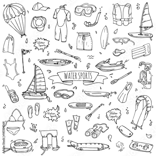 Hand drawn doodle Water sports icons set. Vector illustration, isolated symbols collection, Cartoon various elements: jetski, wakeboard, waterski, surfing, kayak, kitesurfing, paddle, parasailing